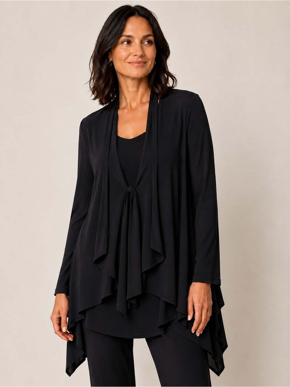 Sympli Canada Black Asymmetrical Waterfall Tunic Top Layered Draped Size 14